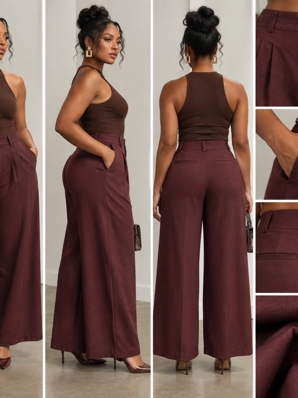 Wide-Leg Mid-Waist Pants in Deep Plum